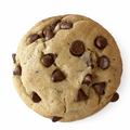A single chocolate chip cookie photographed from above on a plain white background.