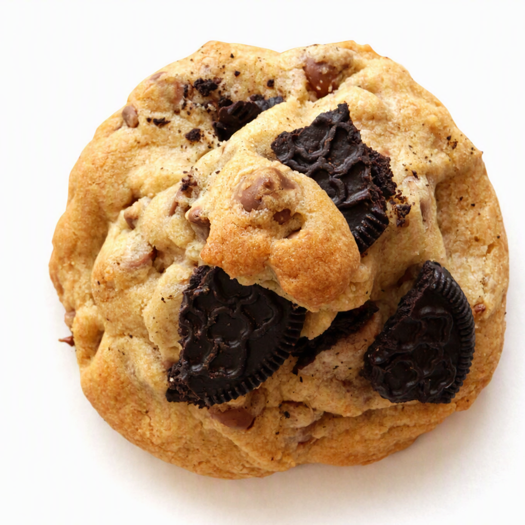 A single large chocolate chip cookie with Oreo-style cookie pieces embedded inside, photographed on a plain white background. 
