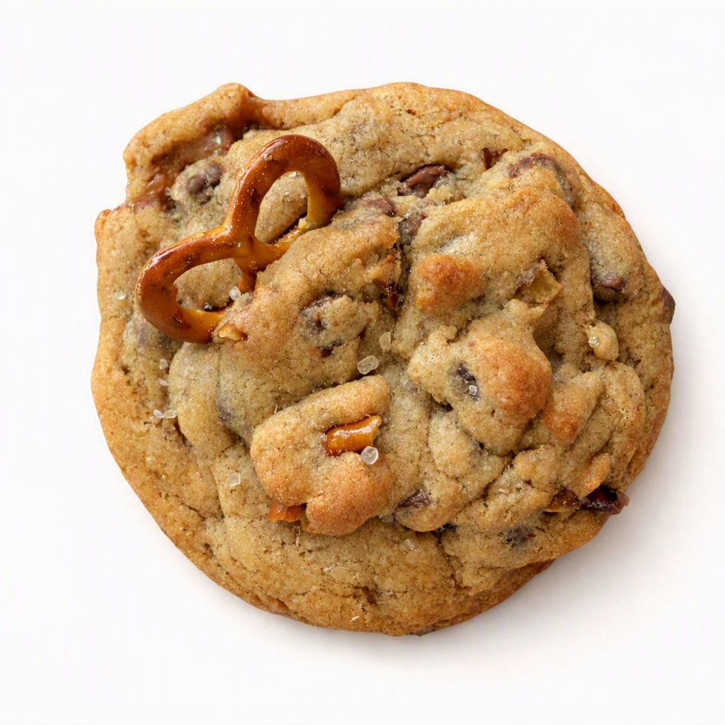 A single round chocolate chip cookie with pretzels and nuts, photographed on a plain white background. 