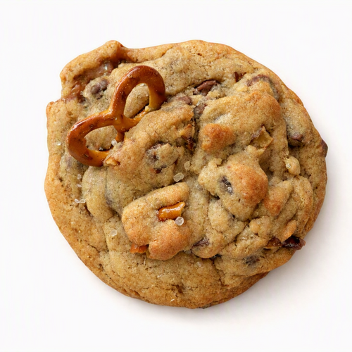 A single round chocolate chip cookie with pretzels and nuts, photographed on a plain white background. 